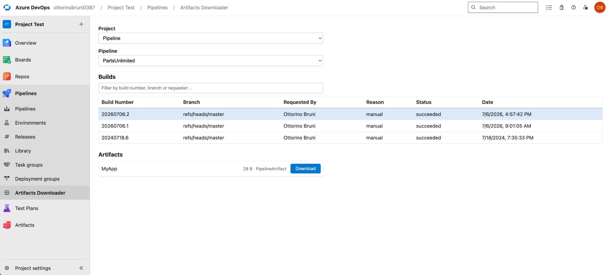 Artifacts Downloader: pick a pipeline, click a build, download the artifact